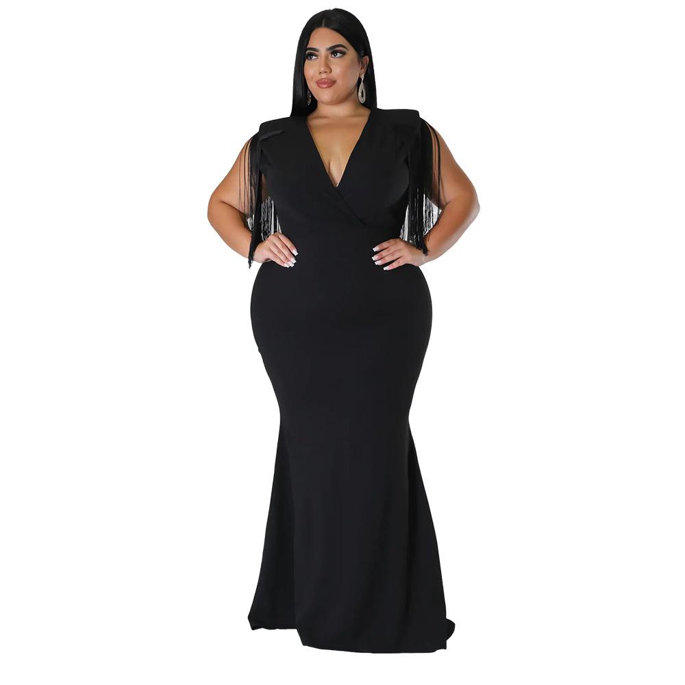 Plus Size Fringe V Neck Maxi Dress Long Sleeve Mermaid Gown Curvy Bodycon Fishtail Long Dress Sexy Tassel Shoulder Evening Party Formal Wedding Gown