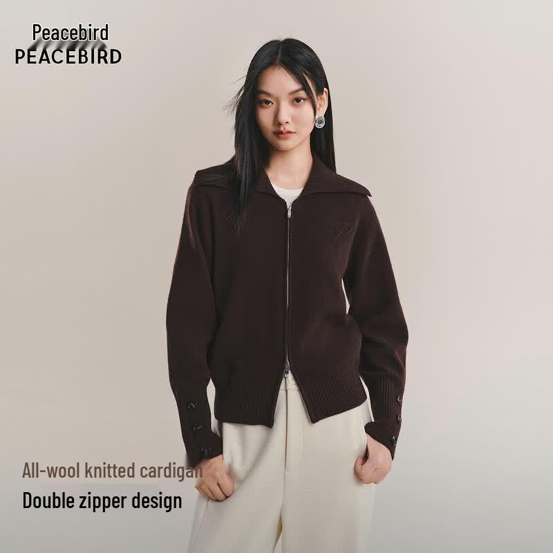 PEACEBIRD A1EDF4442 100% Wool Lapel Knit Cardigan S