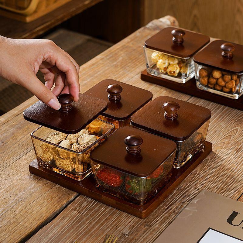 Japanese Style Vintage Divided Fruit Bowl with Lid Home Living Room Nuts Candy Biscuit Storage Bowl Square Fruit Tray Home Decor