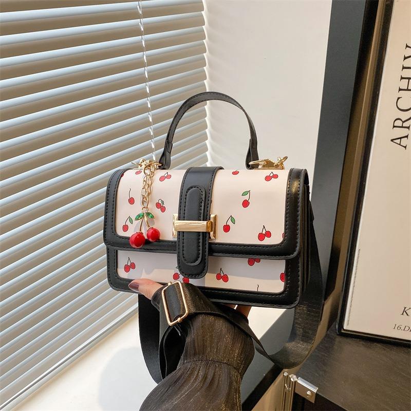 New cute cherry printed messenger bag simple splicing handbag fresh contrasting color shoulder bag