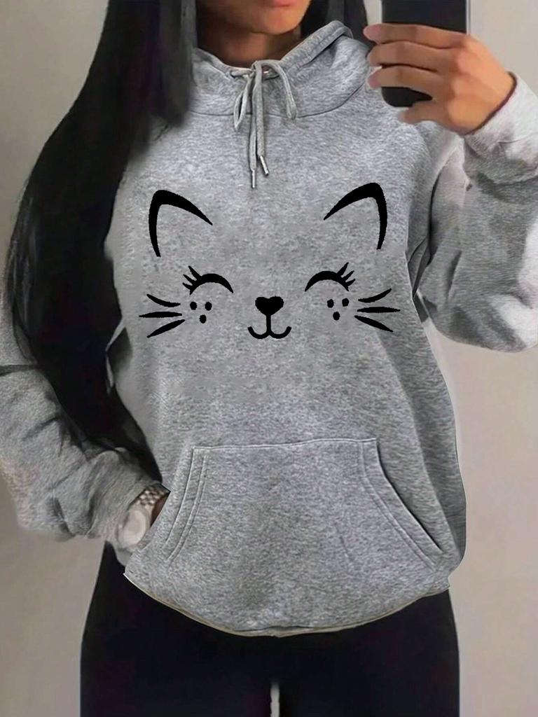 Simple Cat Smiley Face Pattern Women's Hoodie Fashionable Casual Street Trend Personality Hip Hop Hoodie Trendy Pullover Graphic
