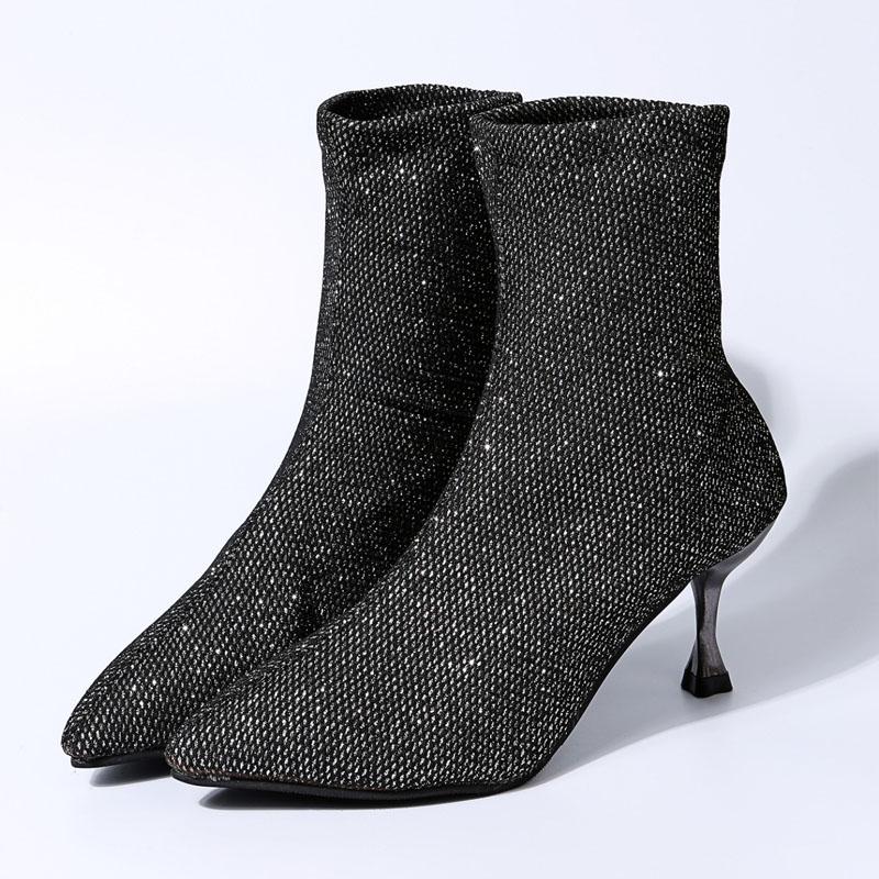 Autumn Fashion Women's Boots Elegant Pointed-toe Stiletto Booties High Heels Luxury Sequin Cloth Slip-on Ankle Boots Woman Shoes