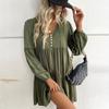 Women's Fashionable Solid Color Long Sleeved V-neck Pleated Casual Loose Dress