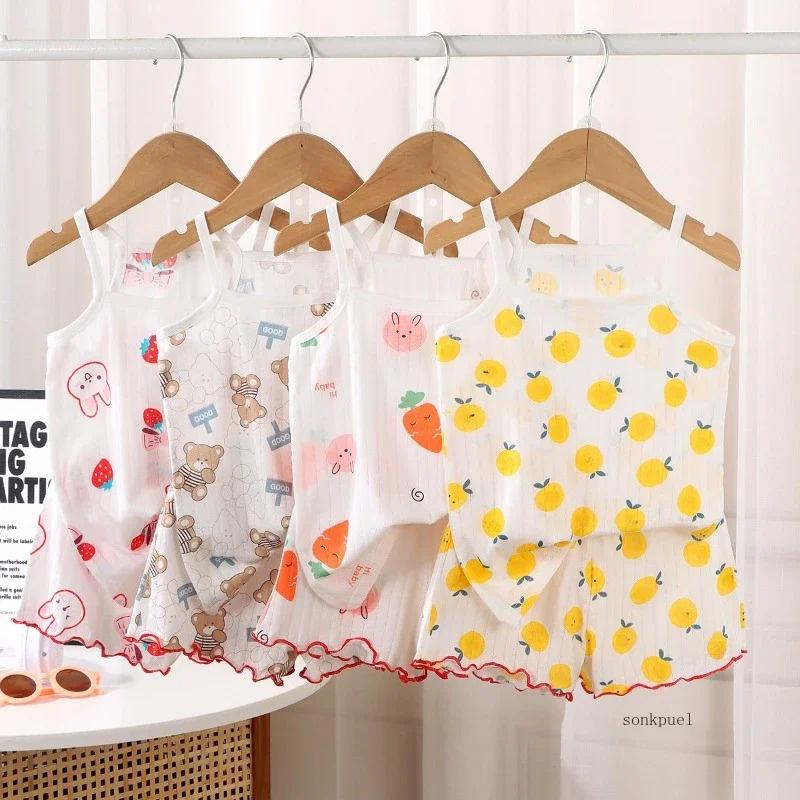 Conjunto de Pijama Feminino de Algodão Sem Mangas Camisola Fina de Verão e Shorts Roupa de Casa Fofa Estampada para Criança Bebê Com Cintura Elástica