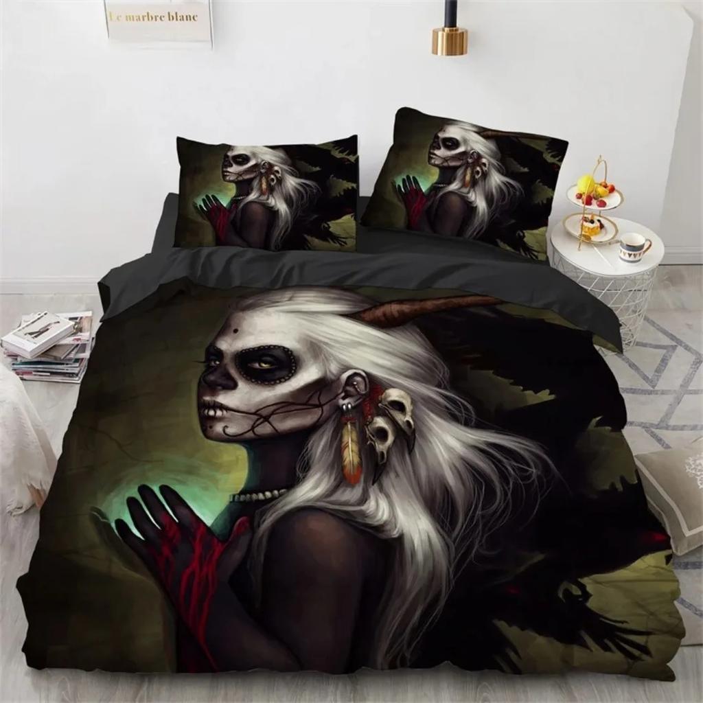 Skull Rose Skeleton Bedding Set,Skull Duvet Cover Set,Red Rose Skeleton King Queen Size Bedding Set