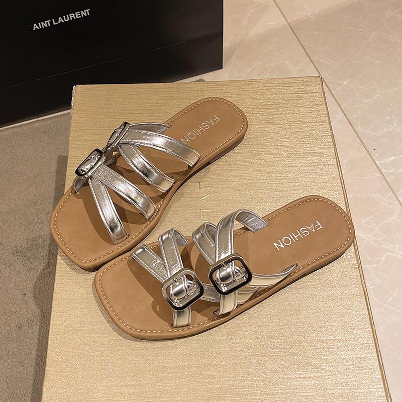 

Beach Shoes Slippers Flat Slipers Women Slides Sabot Soft Summer 2025 Retro Rome Shoes Ladies Slippers Slipers Women Shale 35 срібний