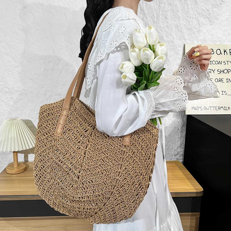 Straw Beach Bag Vintage Handmade Woven Shoulder Bag Raffia Circle Rattan Bags Bohemian Summer Vacation Casual Bags