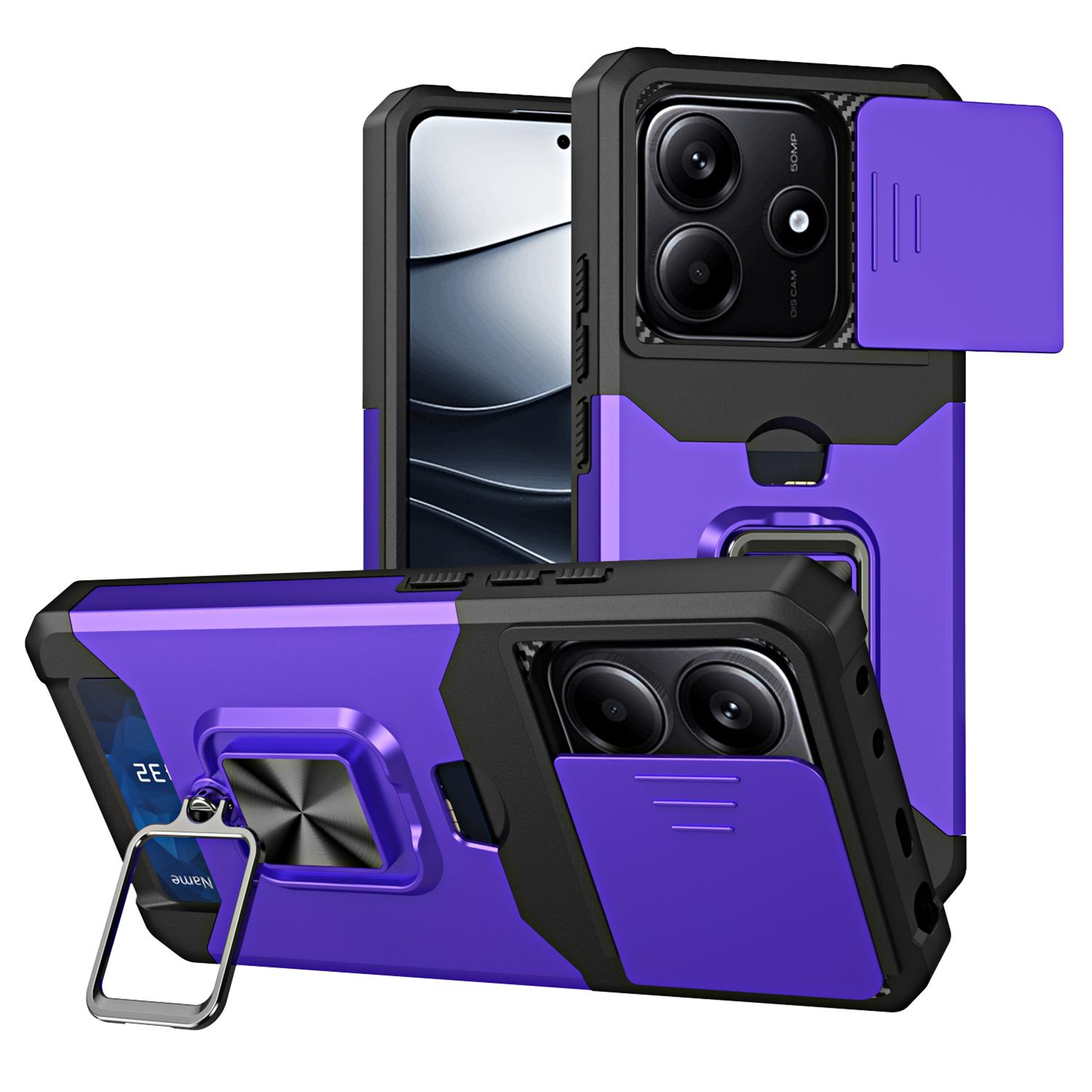 

For Xiaomi Redmi Note 14 4G (163.25mm)/Note 14 5G Case Kickstand Slide Lens Lid PC+TPU Phone Cover with Card Slot Purple