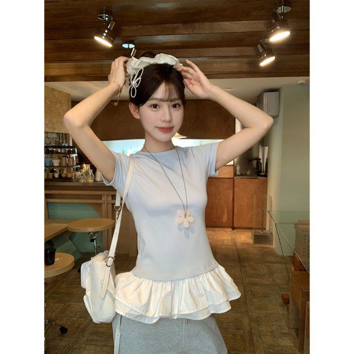 

Футболка женская в стиле пэчворк с кружевом-пуф, круглым вырезом, приталенная, с коротким рукавом, на весну L синий