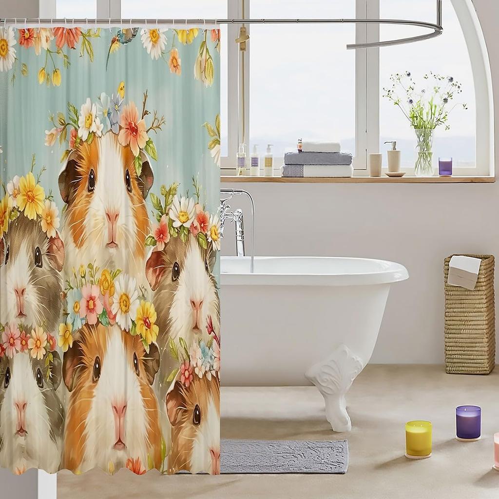 Guinea Pig Shower Curtain Set,Cute Pet Animals Bathroom Curtain,Kids Girls Teens Colorful Daisy Floral Waterproof Fabrics Kawaii