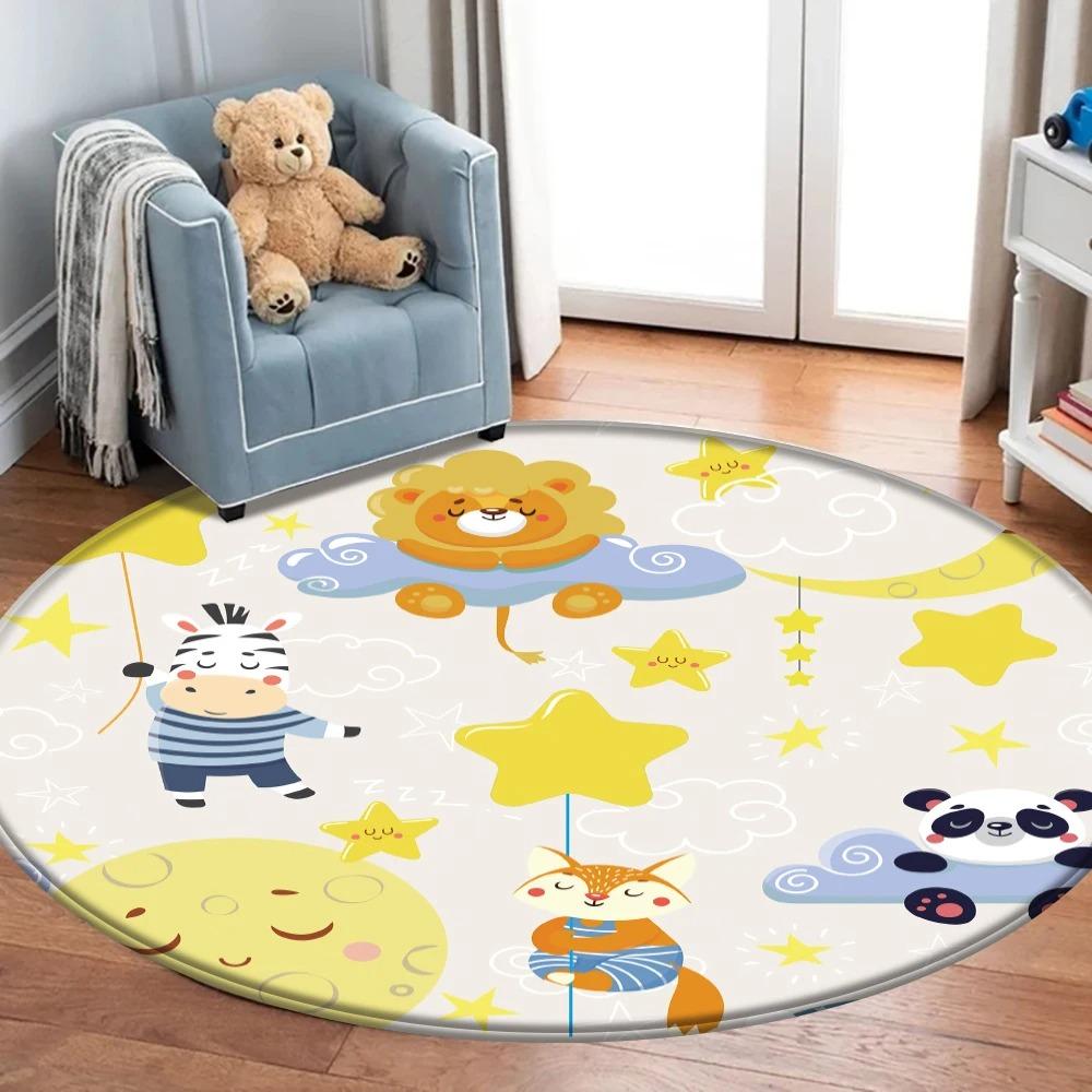 Children's Cartoon Comic Round Rug, Bedroom, Play Space, Flannel Animal Design Carpet, Infant Play Mat, Kids' Room Decor Mat