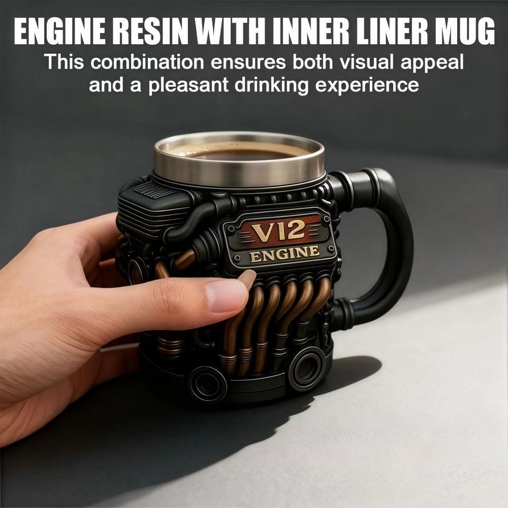 Taza de acero inoxidable con asa para motor V12, estilo retro, con aislamiento, ideal como regalo para hombres y niños.