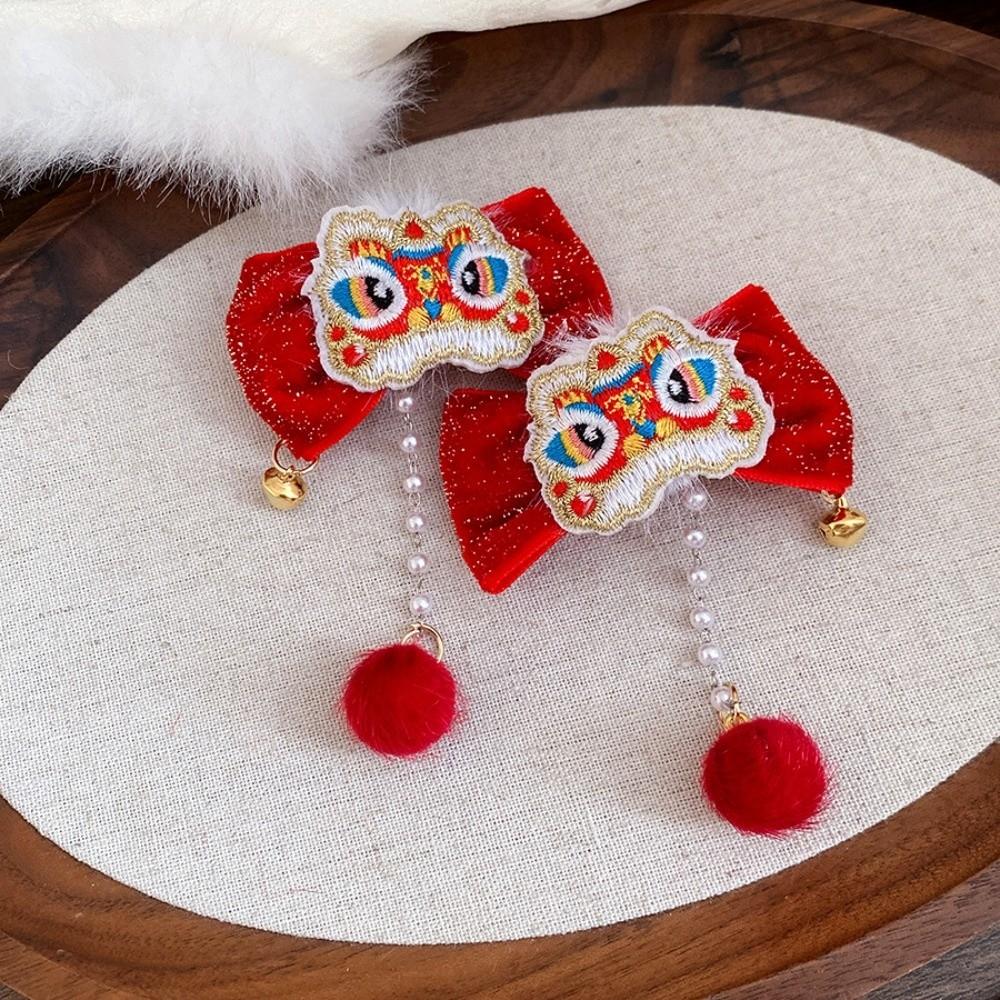 Cloth Chinese Tassel Bow Hairpin Lion Dance Flocking Hair Clip Photographic