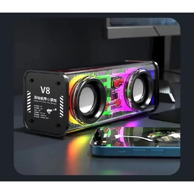 V8 Transparent Mecha Speakers Bluetooth 5.0 Wireless Double Bass Diaphragm Subwoofer Music TWS RGB Light Mini Party Loudspeaker