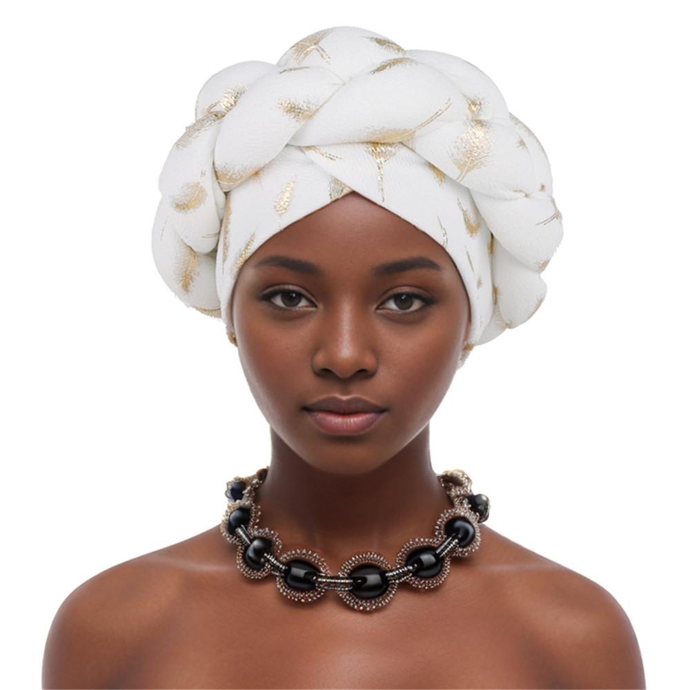 

Muslim Headscarf Bonnet Turbante Mujer Feather Gold Stamping Braids Turban Cap for Women African Head Wraps білий