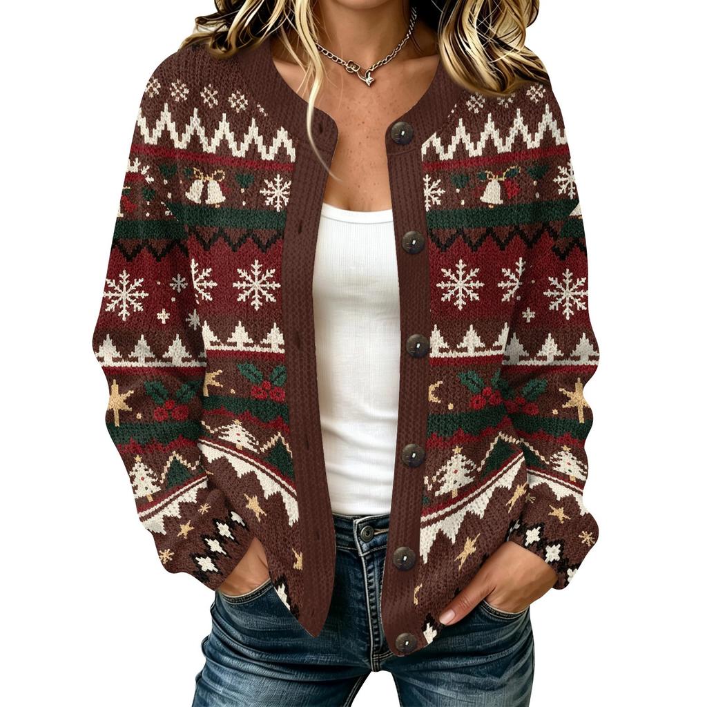 Damen Casual Christmas Print Langarm Offen Vorne Strickjacke Jacke für Herbst und Winter