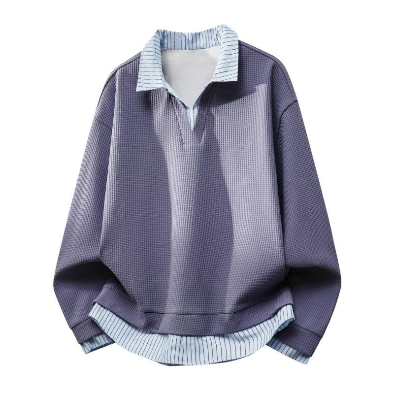 Men's Waffle Knit Fake Two-Piece Casual Fashion  Polo Sweatshirt