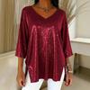 Top da donna con scollo a V, paillettes scintillanti, maniche lunghe