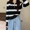 Bottom Shirt Autumn Winter Loose Polo Collar Striped Sweater New Design Zipper Short Top for Women
