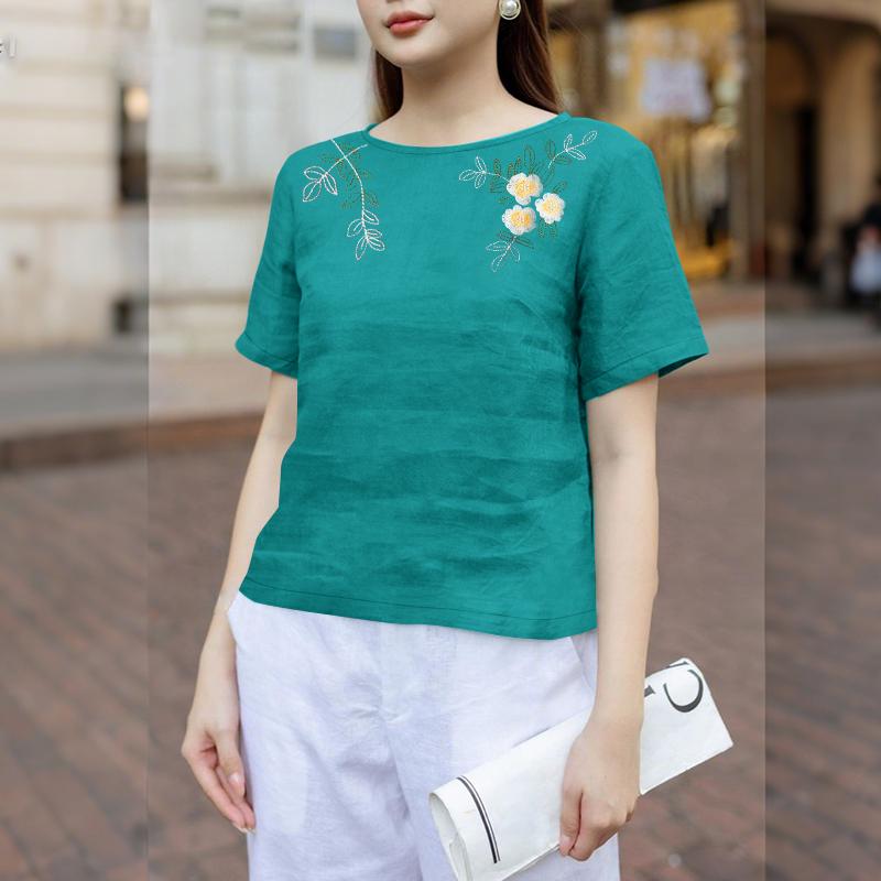 

ZANZEA Женская повседневная блузка с круглым вырезом, цветочной вышивкой, летняя, с коротким рукавом 5XL зелёный