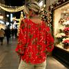 Women's Christmas Print Long Sleeve V-Neck Top with Ruffle Trim and Front Tie