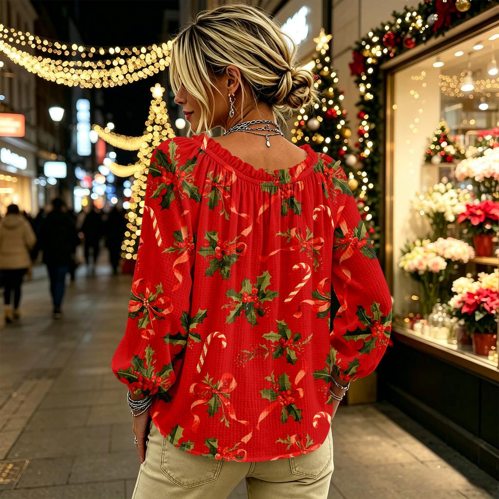 Women's Christmas Print Long Sleeve V-Neck Top with Ruffle Trim and Front Tie
