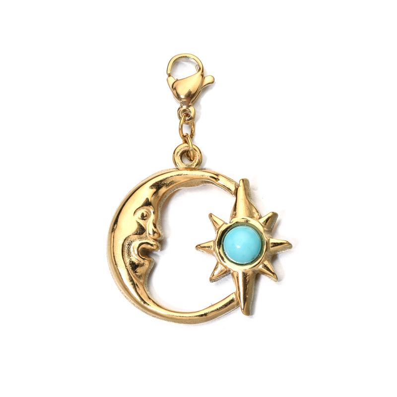 European Retro Sun and Moon Stainless Steel Pendant with Semi-Precious Stone Charm for Women.
