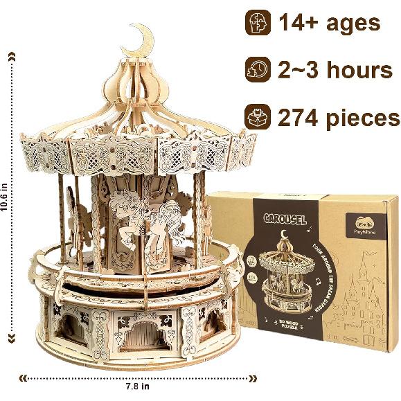 3D Wooden Puzzles for Adults - DIY Wooden Music Box, Merry-go-Round Model Kit - 274 Pieces Wooden Jigsaw - Brain Teaser - Birthday Gift for Boys and