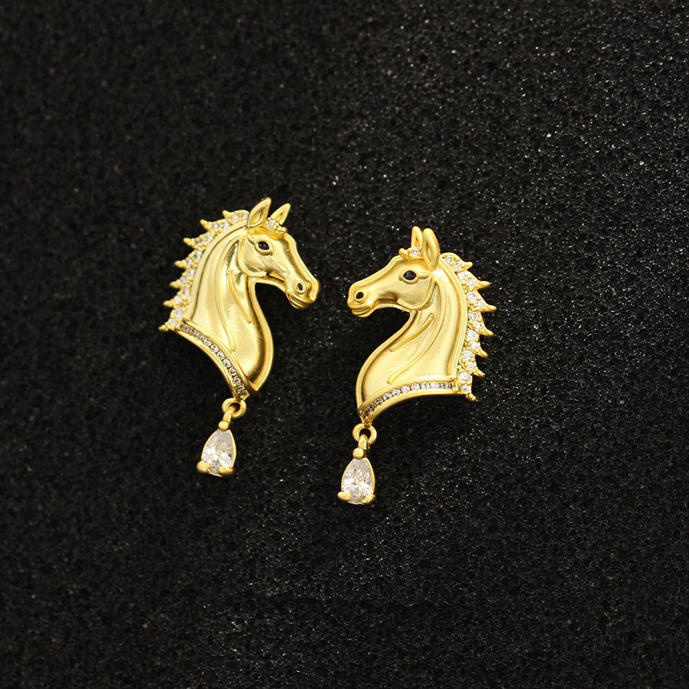 European and American niche high-end gold inlaid stone horsehead earrings personality high-end sense zodiac animal stud earrings silver needle earring