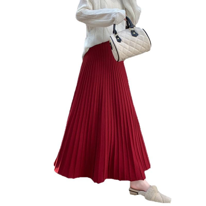 Women's High-Waist A-Line Knit Skirt - Hip-Covering, Wide Hem, Plus Size, Autumn-Winter, Thickened, Slimming Pleated Long Skirt