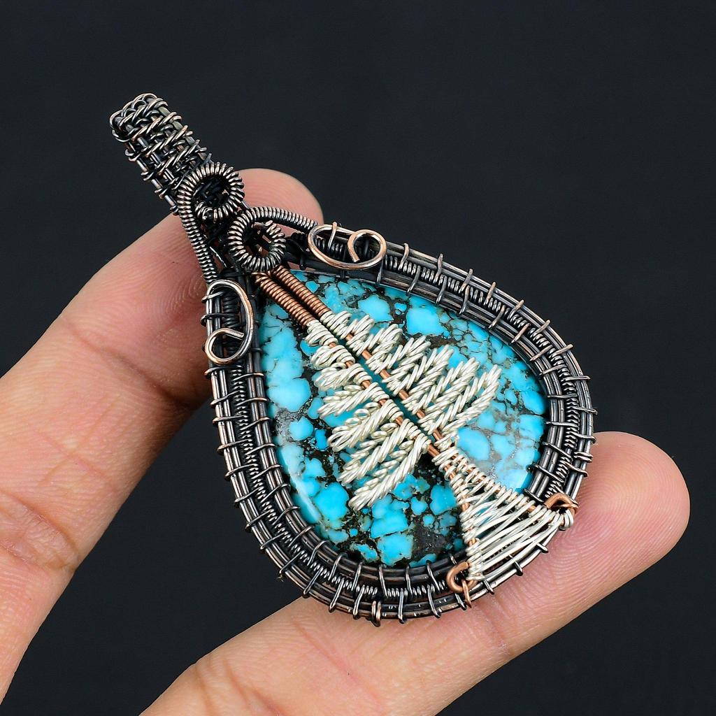 Blue Turquoise Handmade Gemstone Pendant, 999 Copper Wire Wrapped Antique Jewelry Pendant, For Engagement Gift