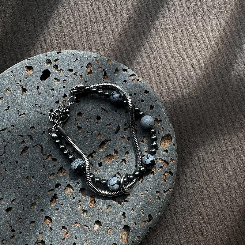 Gaga Men's Double Layer Snake Chain Bracelet with Snowflake Stone Beads