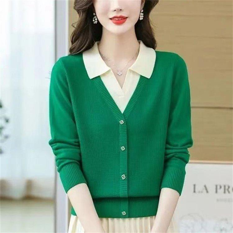 2025 Autumn/Winter Korean Style Sweater: Women's Lapel Fake Two-Piece Top