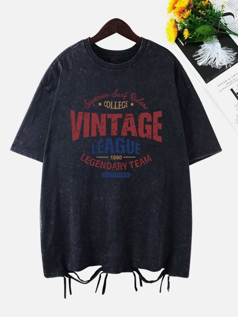 Vintage League Letter Prints Washed TShirts Women Cottontops Comfortable ONeck Oversize T Shirts Fashion Womans Streetwear