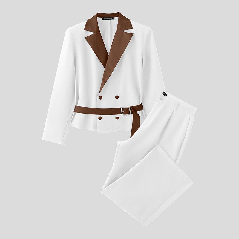 INCERUN Two Piece Suit Men Stitching Lapel Long Sleeve Thin Blazer Long Pants Casual Outfits Sets