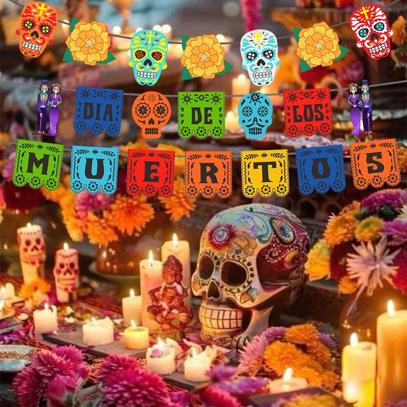 Mexican Day Of The Dead Party Decoration Pull Flag Banner Skull Head Banner Flag Cake Topper Halloween Wall Decoration
