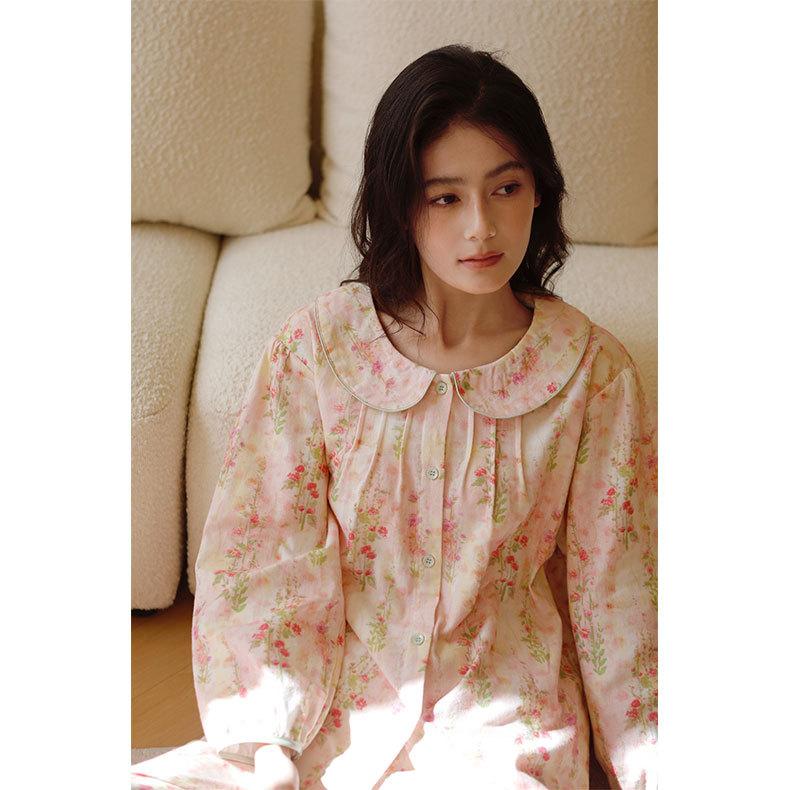 Autumn and Winter Women's Cotton Polished Gorgeous Summer Rose Print Pajamas Cute Doll Collar Loungewear Set