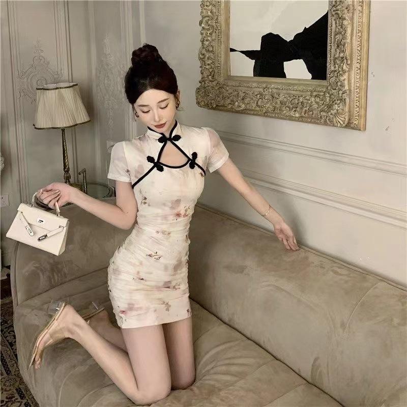 Summer Women's Retro Qipao Dress: Waist-cinching, Hip-hugging, Frog Button, Tie-dye, Hollow-out, Pleated Short Skirt