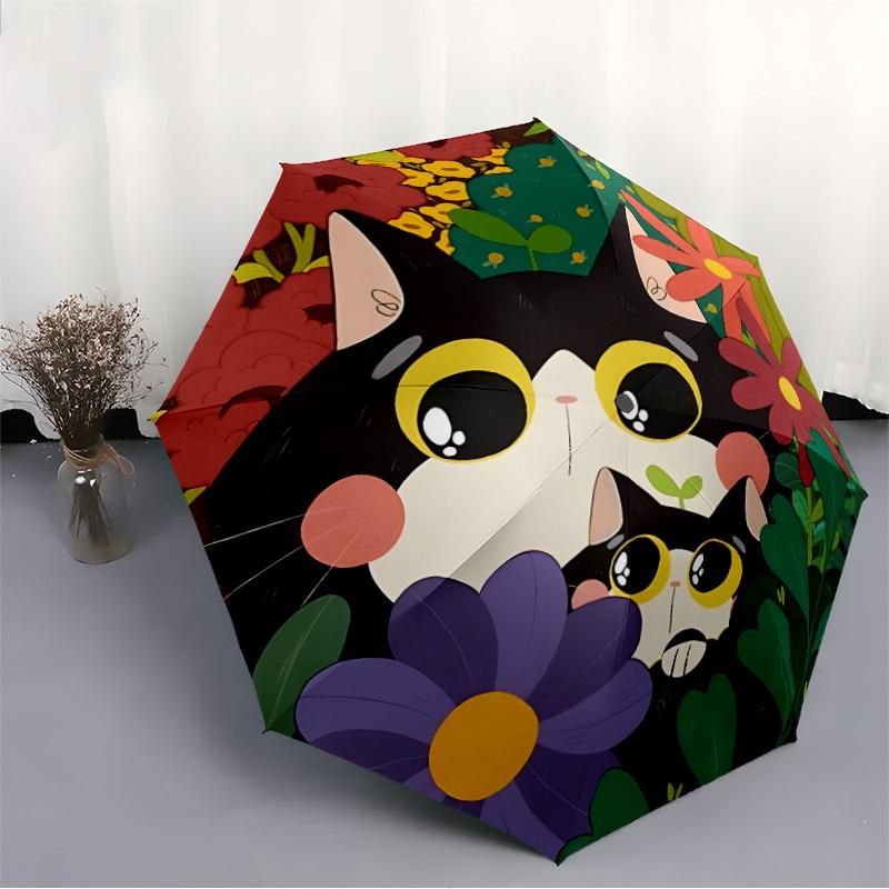 1pc Floral CatsAutomatic Folding Umbrella, Portable Collapsible Design, Casual Outdoor Accessory, for All Seasons 058