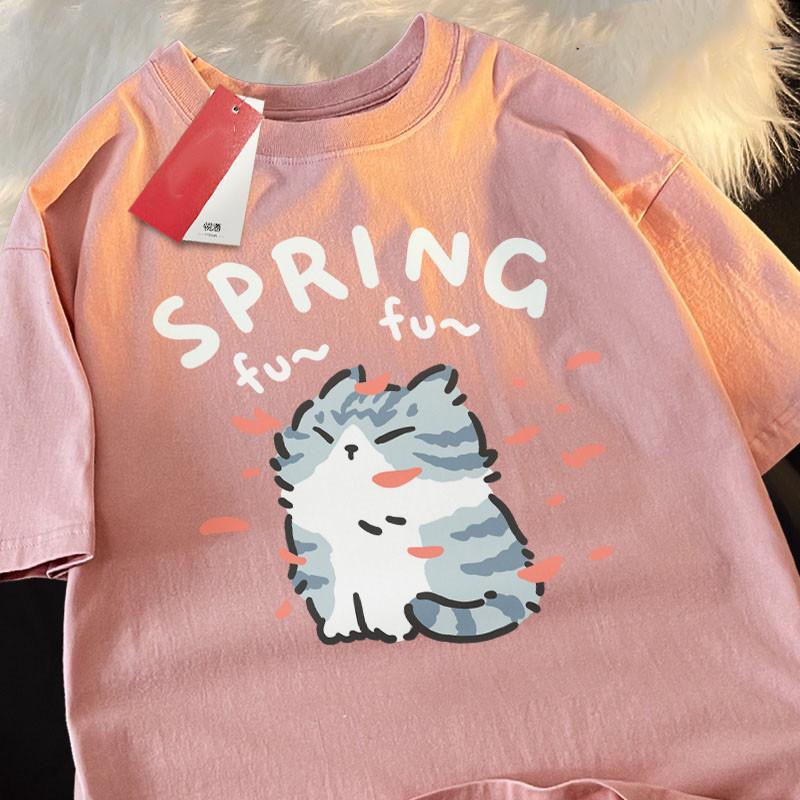 

Летняя футболка с принтом кота и цветами сакуры, короткий рукав, корейский Ins, нейтральный стиль, свободный топ-пуловер S