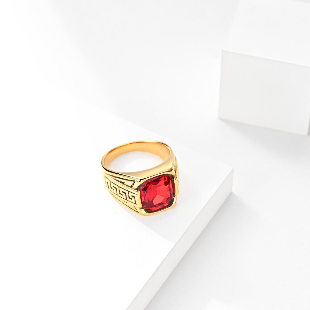 Gold-Plated Stainless Steel Ruby Ring, Great Wall Pattern, Unisex Fashion Ring, Fade-Resistant Jewelry