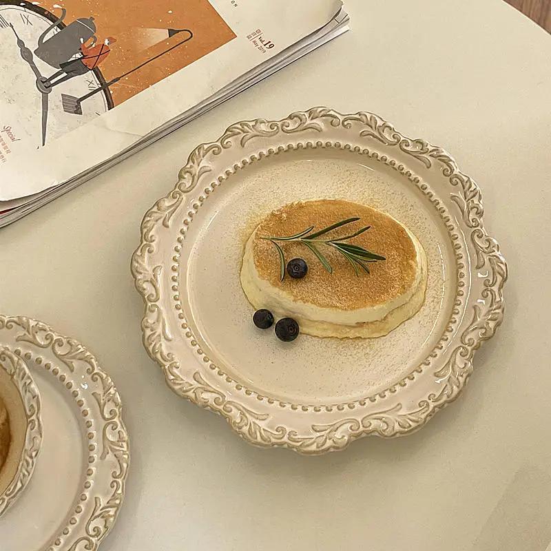 Vintage Relief Lace Ceramic Plates French Style Dessert Western Dishs Daily Household Cake Pasta Salad Plate