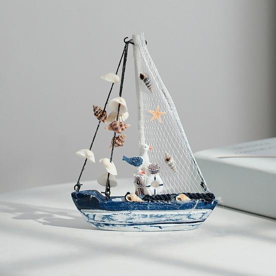 Pobřežní dřevěný model plachetnice Rustikální námořní figurka lodi se skořápkou a hvězdicí Plážové oceánské téma Stolní ozdoba do obývacího pokoje ložnice