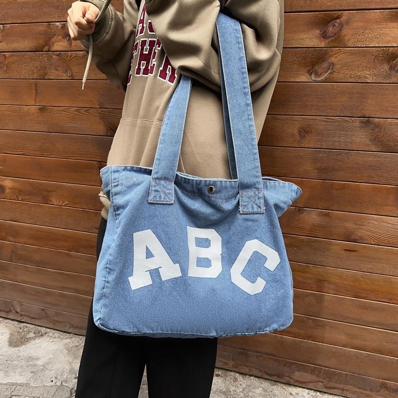 Large Capacity Denim Bag Female Letter Tote Bag Student Shoulder Bag