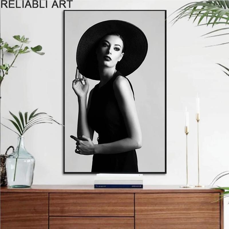 Modern Abstract Portrait Posters and Prints Sexy Women with Hat Canvas Painting Wall Art for Living Room Decor No Framee