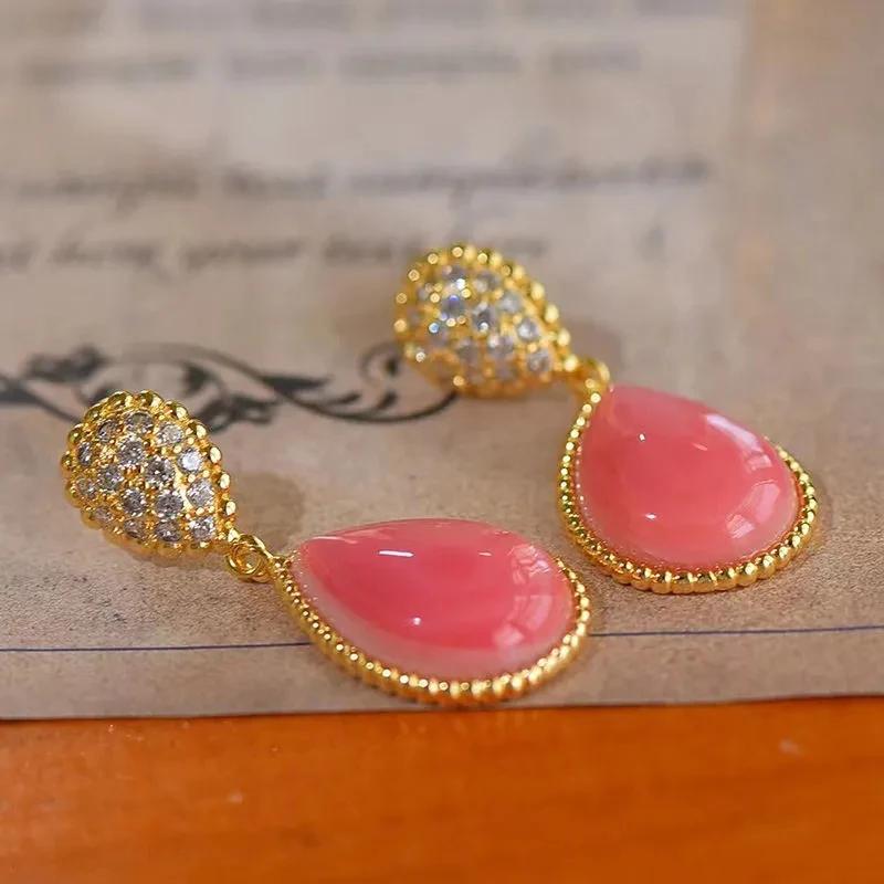 

Креативні Стародавні Золоті Вироби Інкрустовані Діамантами Рожевий Перламутр Краплі Води Довгі Сережки Для Жінок Солодкі Свіжі Вишукані Ювелірні Вироби