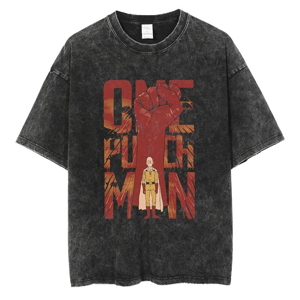 ONE PunchMan Manga Tshirt Saitama Graphic Print T Shirt Vintage Washed Oversized Cotton Tshirt Short Sleeve Tee Mens Clothing