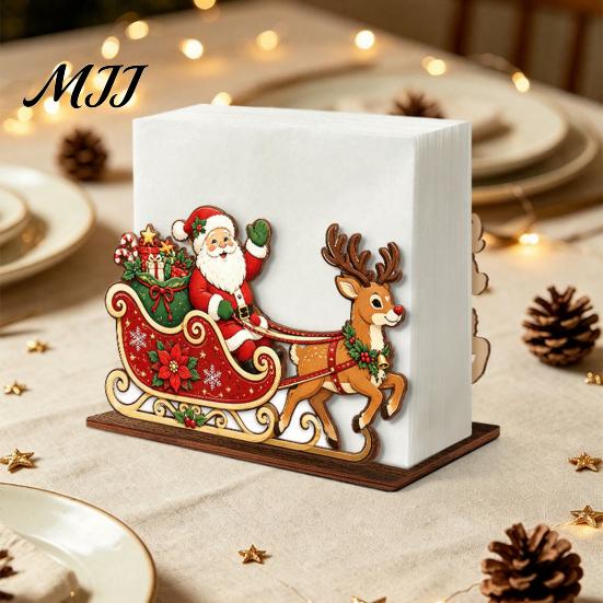 Decorative Wooden Napkin Stand Christmas Tissue Holder, Dispenser with Santa Gingerbread House Elk Pattern, Organizer for Dining Table Kitchen Holiday