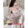 Ice Silk Long Sleeve Extra Long Robe with Chest Pad & Camisole Nightdress for Women