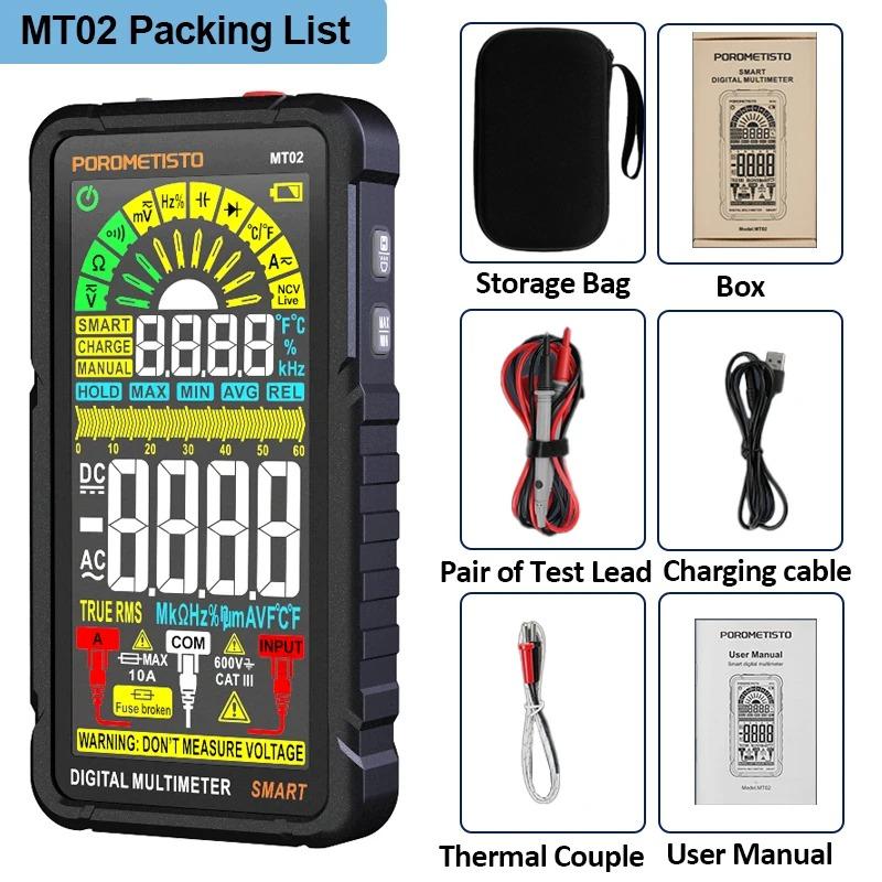 

POROMETISTO MT02 Цифровий Мультиметр 6000 Відліків 600В 10А Напруга Змінний/Постійний Струм Опір Гц NCV Тестер Розумний Перезаряджуваний Мультиметр
